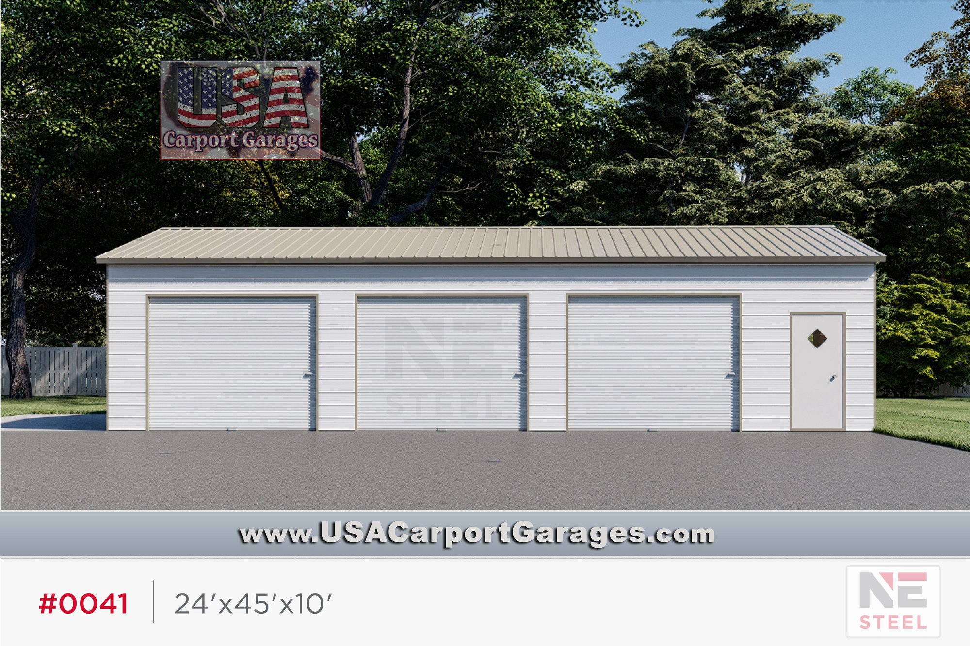 24x45x10 Side Entry 3-Car Garage